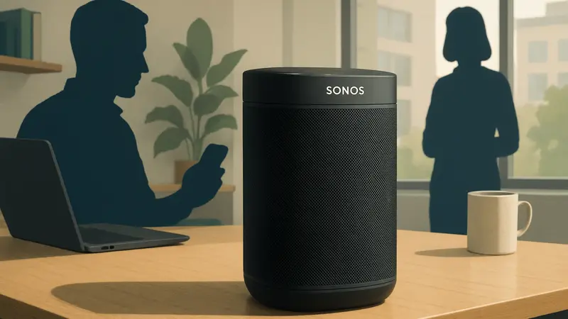 Портативная колонка Sonos Play на столе, демонстрирующая свой стильный дизайн и мобильность.