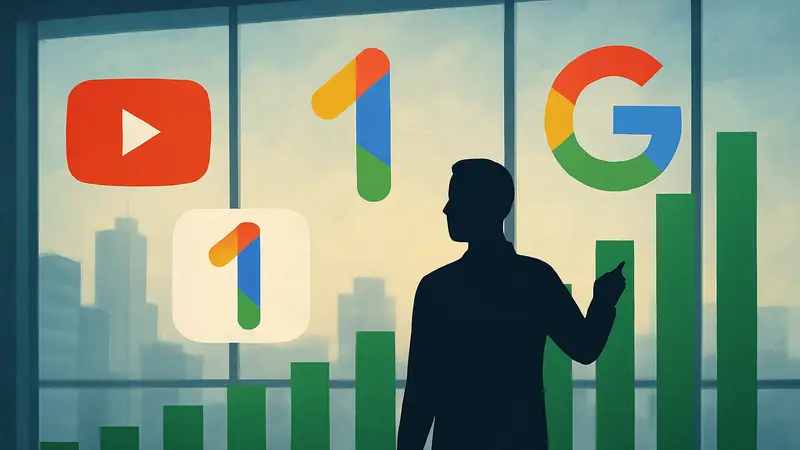 Логотипы YouTube, Google One и Google, символизирующие рост платных подписок.