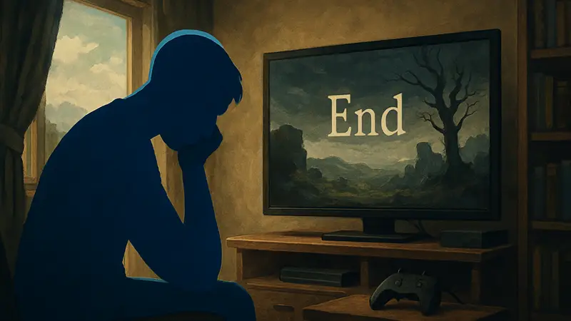 Грустный человек, смотрящий на титры после прохождения видеоигры, символизирующий пост-игровую депрессию