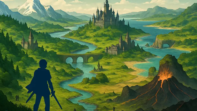Детальная фэнтезийная карта из открытого мира RPG, демонстрирующая красивые и разнообразные регионы