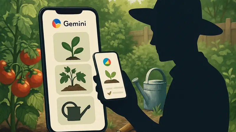 Скриншот мобильного приложения для садоводства, созданного с помощью ИИ Gemini, на фоне растений и инструментов.