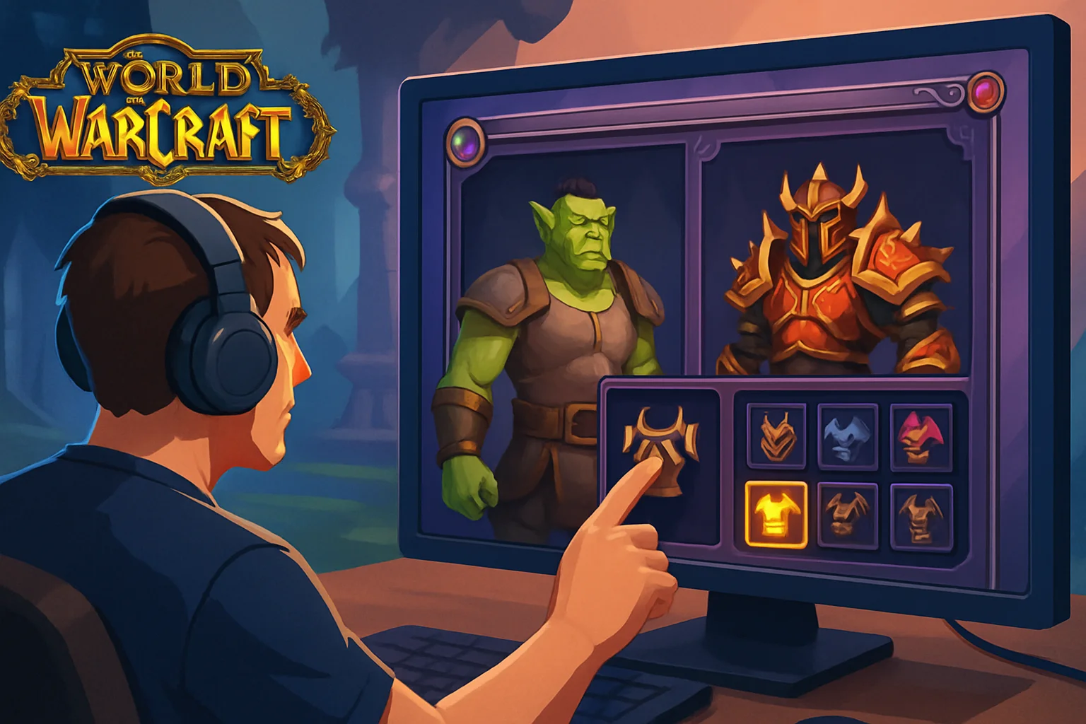 Игрок World of Warcraft меняет внешний вид персонажа в окне трансмогрификации.