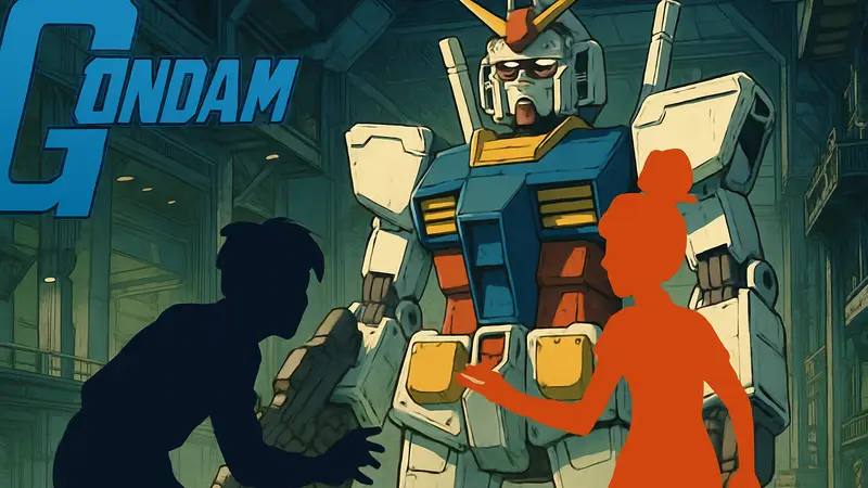 Кадр из игры Orbitals в стиле аниме 80-х, логотип Gundam, персонажи It Takes Two, кооперативный геймплей.