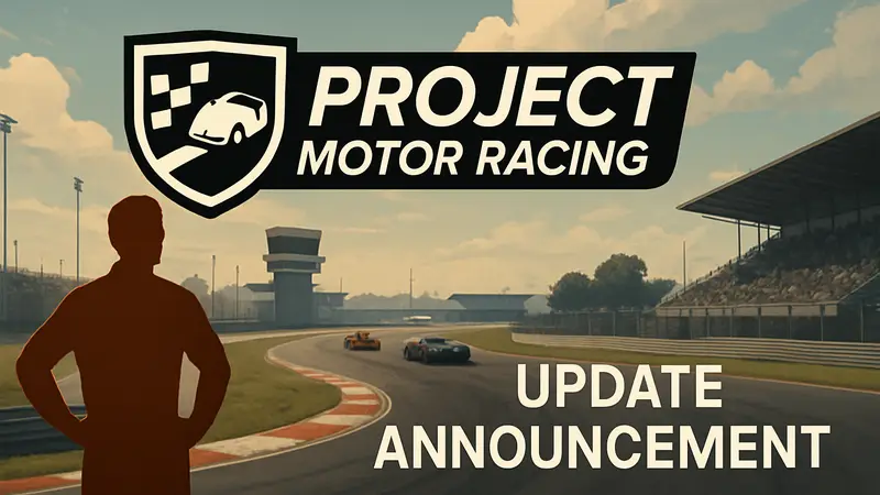 Логотип Project Motor Racing на фоне гоночной трассы, анонс обновления