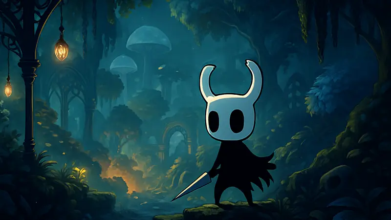 Главный герой Hollow Knight, рыцарь, на фоне улучшенной графики после обновления для Nintendo Switch
