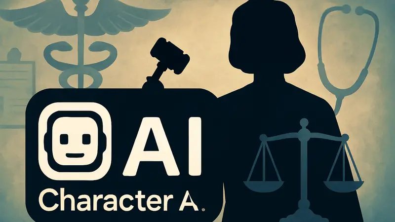 Логотип Character.AI на фоне медицинских символов, иллюстрирующий судебный процесс