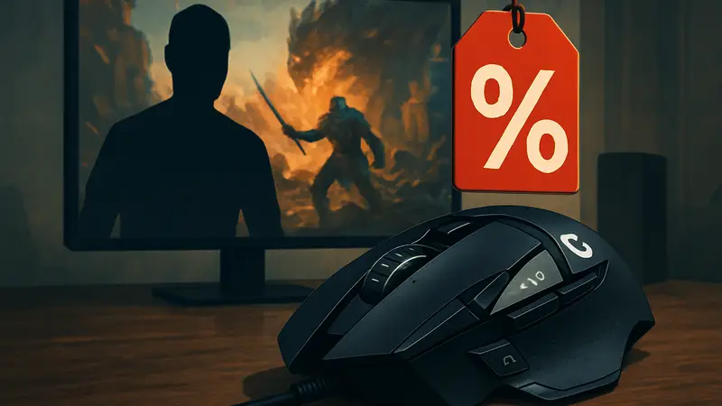 Игровая мышь Logitech G502 Hero на фоне монитора, показывающего игру, с заметной скидкой