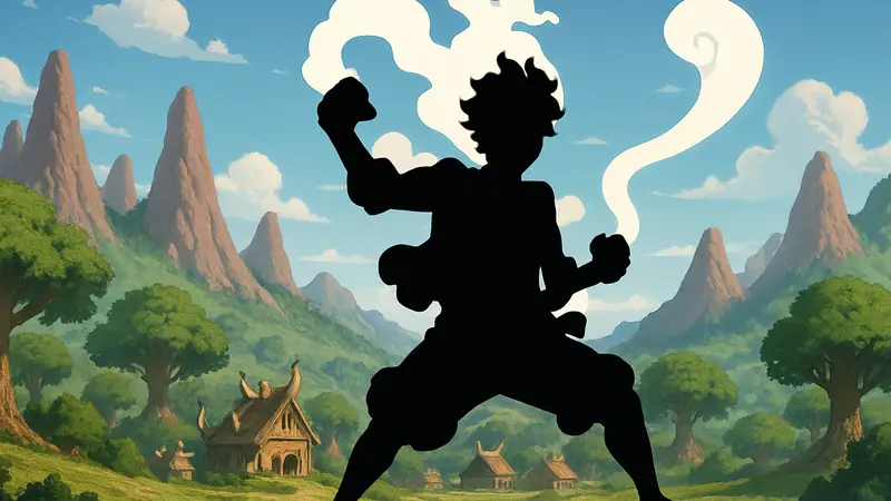 Луффи в режиме Gear 5 из One Piece, на фоне острова Элбаф, демонстрирующий новую силу.