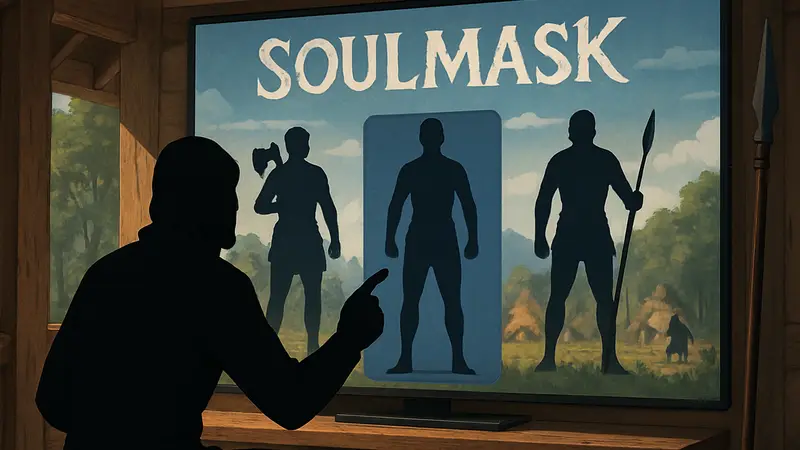 Игрок Soulmask выбирает режим игры на экране выбора или демонстрирует различные активности.