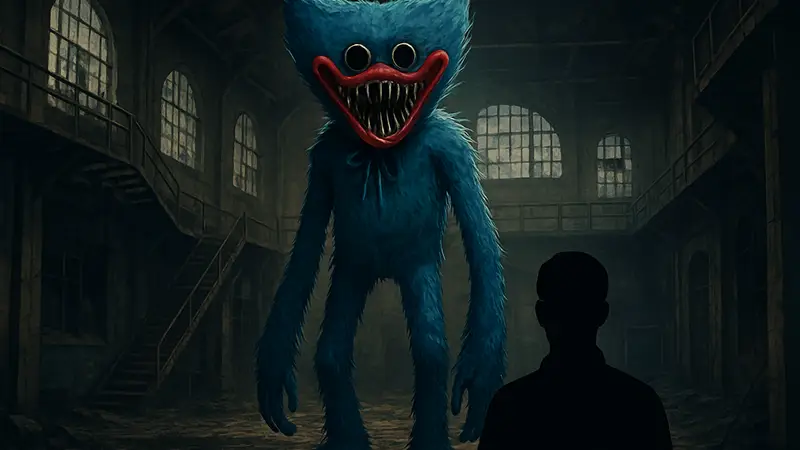 Монстр Хагги Вагги из игры Poppy Playtime на фоне заброшенной фабрики, символизирующий хоррор.