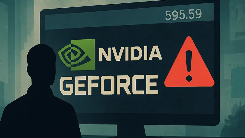 Логотип Nvidia GeForce на фоне проблемного драйвера 595.59 с предупреждающим знаком.