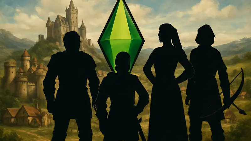 Обложка игры The Sims Medieval с персонажами в средневековых костюмах