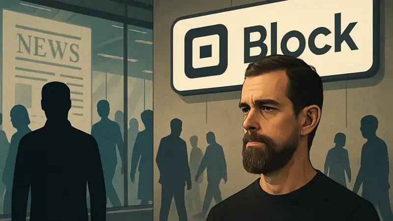 Джек Дорси, основатель Block и Twitter, на фоне логотипа Block, на фоне новостей об увольнениях.