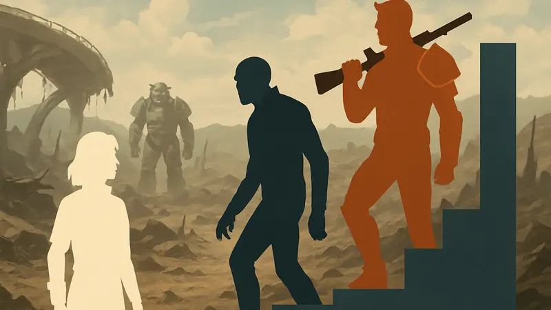 Персонажи из сериала Fallout (Люси, Гуль, Максимус) на фоне пустошей, стилизованные под игровую систему уровней.