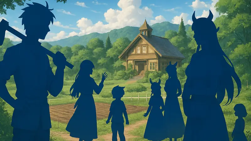 Ключевой арт аниме Isekai Nonbiri Nouka 2 со сценой из второго сезона и персонажами