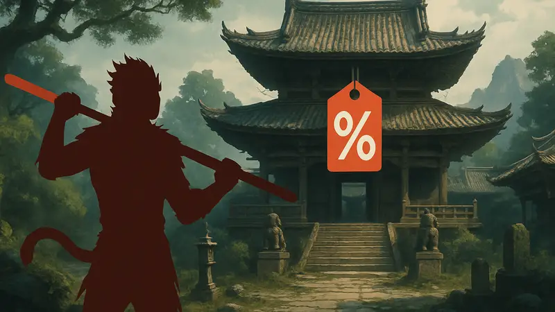 Игрок в Black Myth Wukong с посохом на фоне восточного храма, символизирующего скидку.