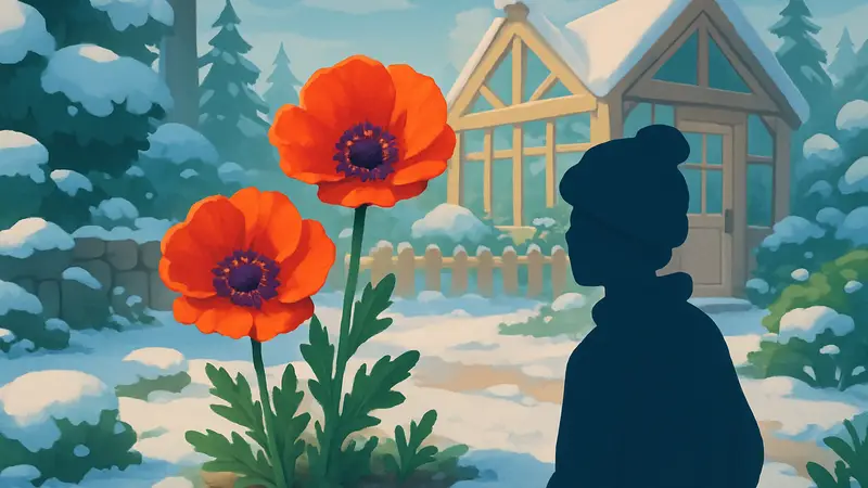 Игровой скриншот: два ярких цветка Highland Poppy в зимнем саду Heartopia
