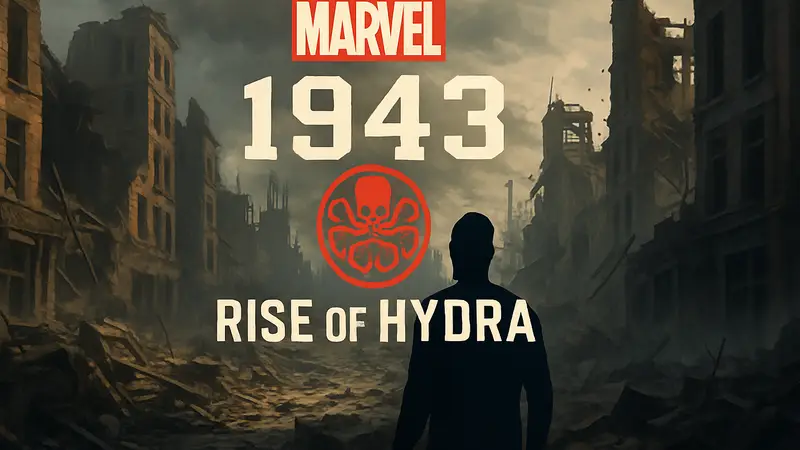 Логотип Marvel 1943 Rise of Hydra на фоне разрушенного города, символизирующий задержку игры.