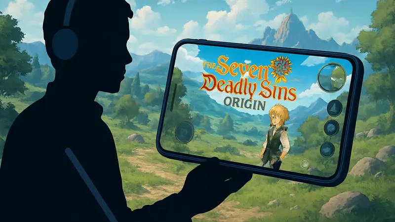 Логотип The Seven Deadly Sins: Origin на экране мобильного телефона с элементами игрового интерфейса.
