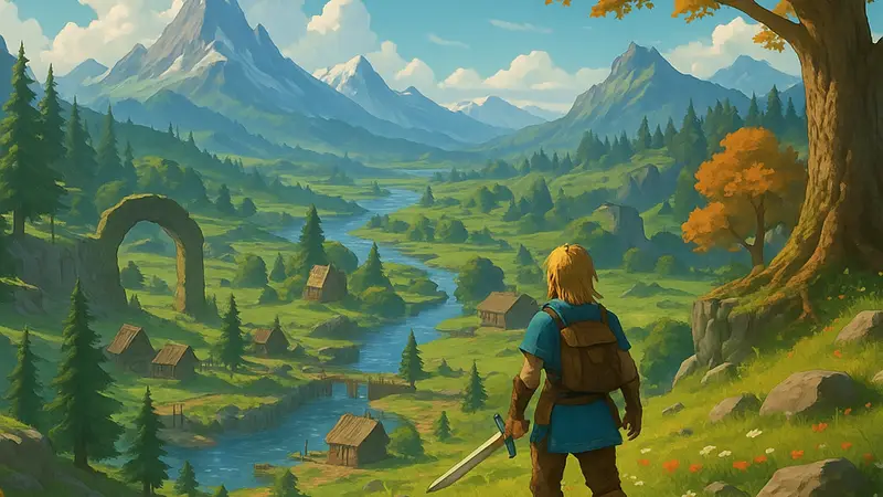 Скриншот из игры Echoes of Elysium, демонстрирующий открытый мир в стиле Zelda и Valheim