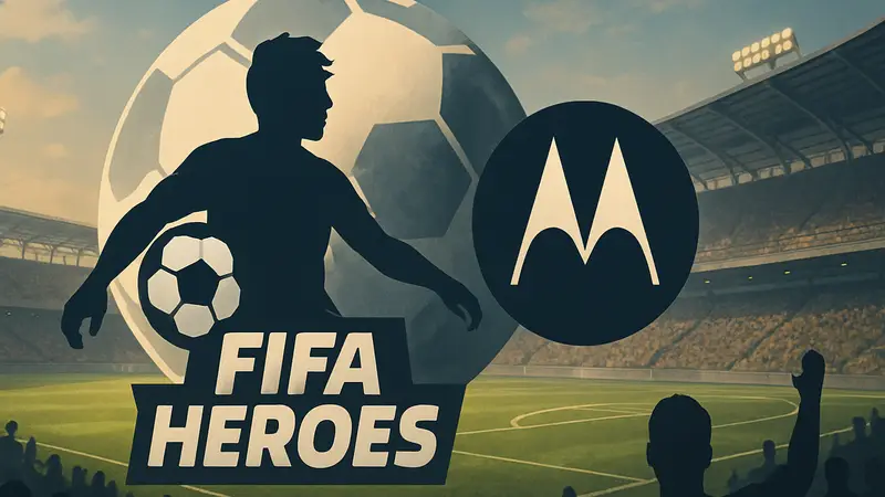Логотипы FIFA Heroes и Motorola на фоне футбольного стадиона или футбольного мяча