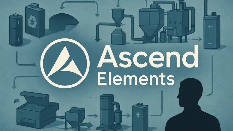 Логотип компании Ascend Elements на фоне схемы переработки литий-ионных аккумуляторов.