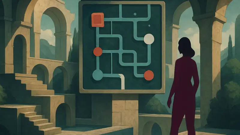 Скриншот игрового процесса D-Topia, демонстрирующий сложную головоломку и абстрактный визуальный стиль.