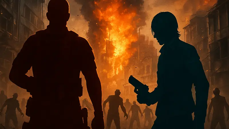 Крис Редфилд и Леон Кеннеди в Resident Evil 6 на фоне взрывов и зомби