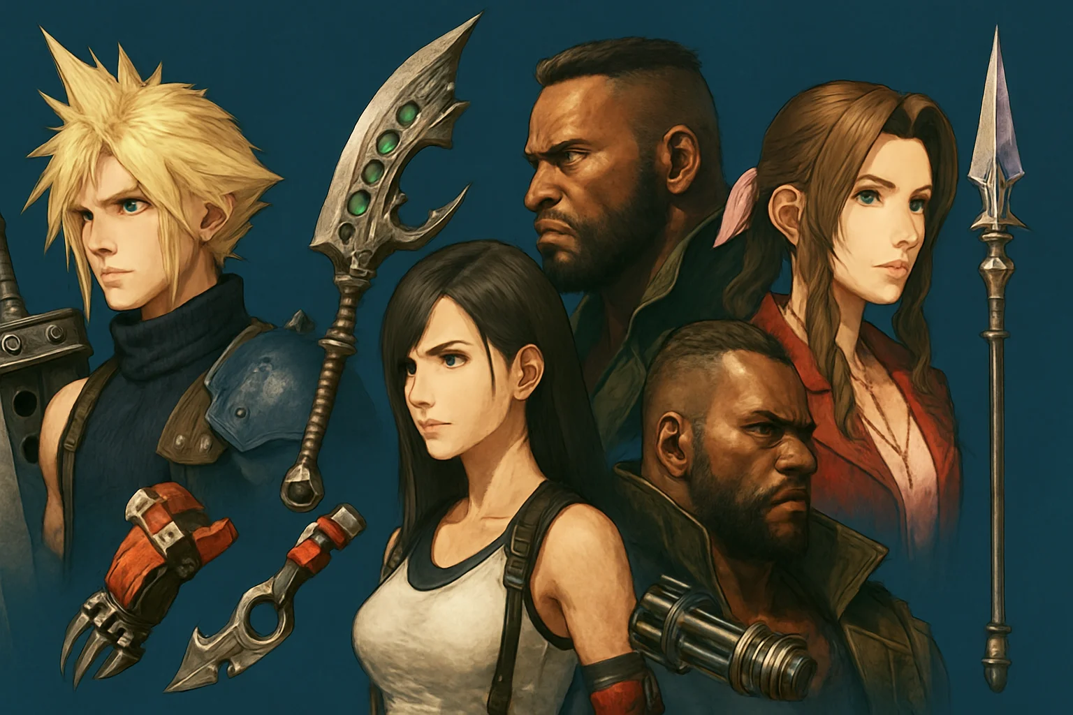 Коллекция лучших видов оружия из Final Fantasy VII Remake, расположенных рядом с портретами персонажей.