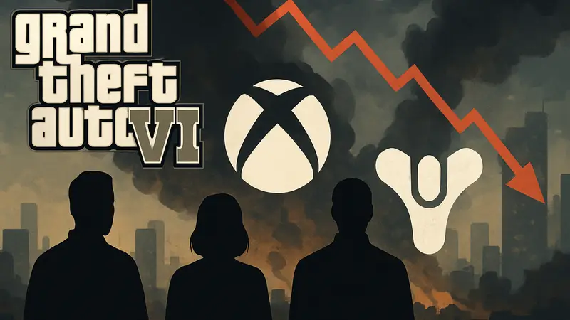 Логотип GTA 6, Xbox и Destiny на фоне кризиса игровой индустрии.