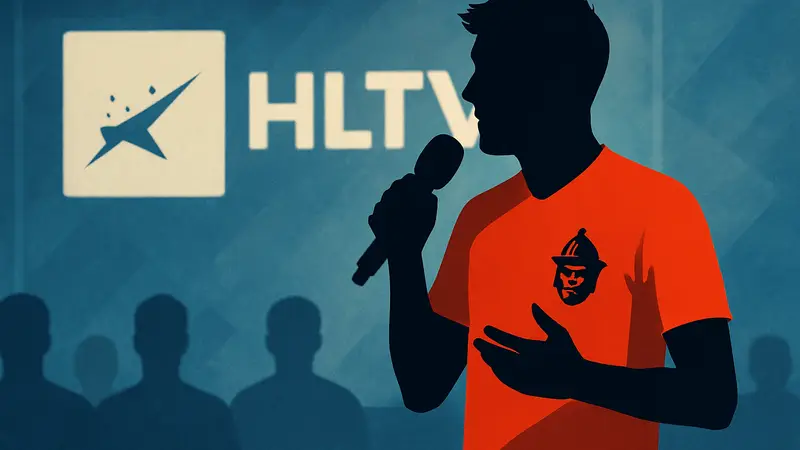 Киберспортсмен Soulfly в форме команды The MongolZ, говорит в микрофон на фоне логотипа HLTV.