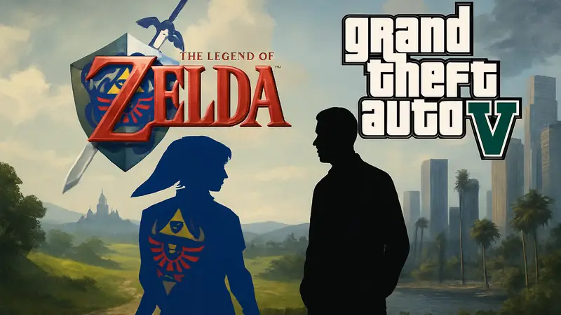 Логотипы The Legend of Zelda: Ocarina of Time и Grand Theft Auto VI, символизирующие конкуренцию