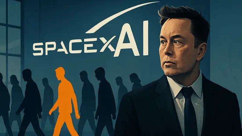 Илон Маск на фоне логотипа SpaceXAI, иллюстрация увольнений сотрудников из технологической компании.