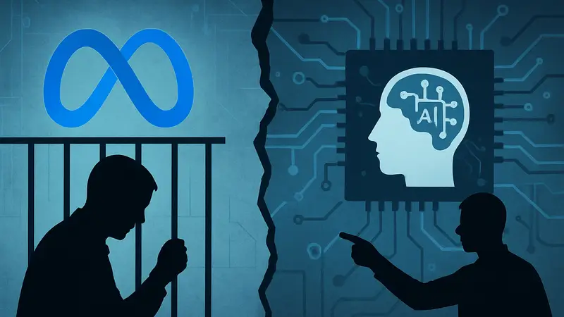 Логотип Meta и схематичное изображение ИИ-технологий, отражающее конфликт