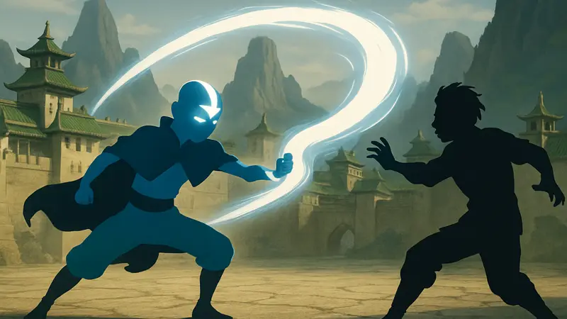 Аанг в состоянии Аватара, использующий Энергоизгиб для воздействия на врага, из мультсериала "Аватар: Легенда об Аанге".