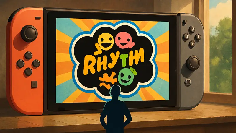 Логотип Rhythm Heaven Groove на фоне Nintendo Switch, игра с бюджетной ценой.