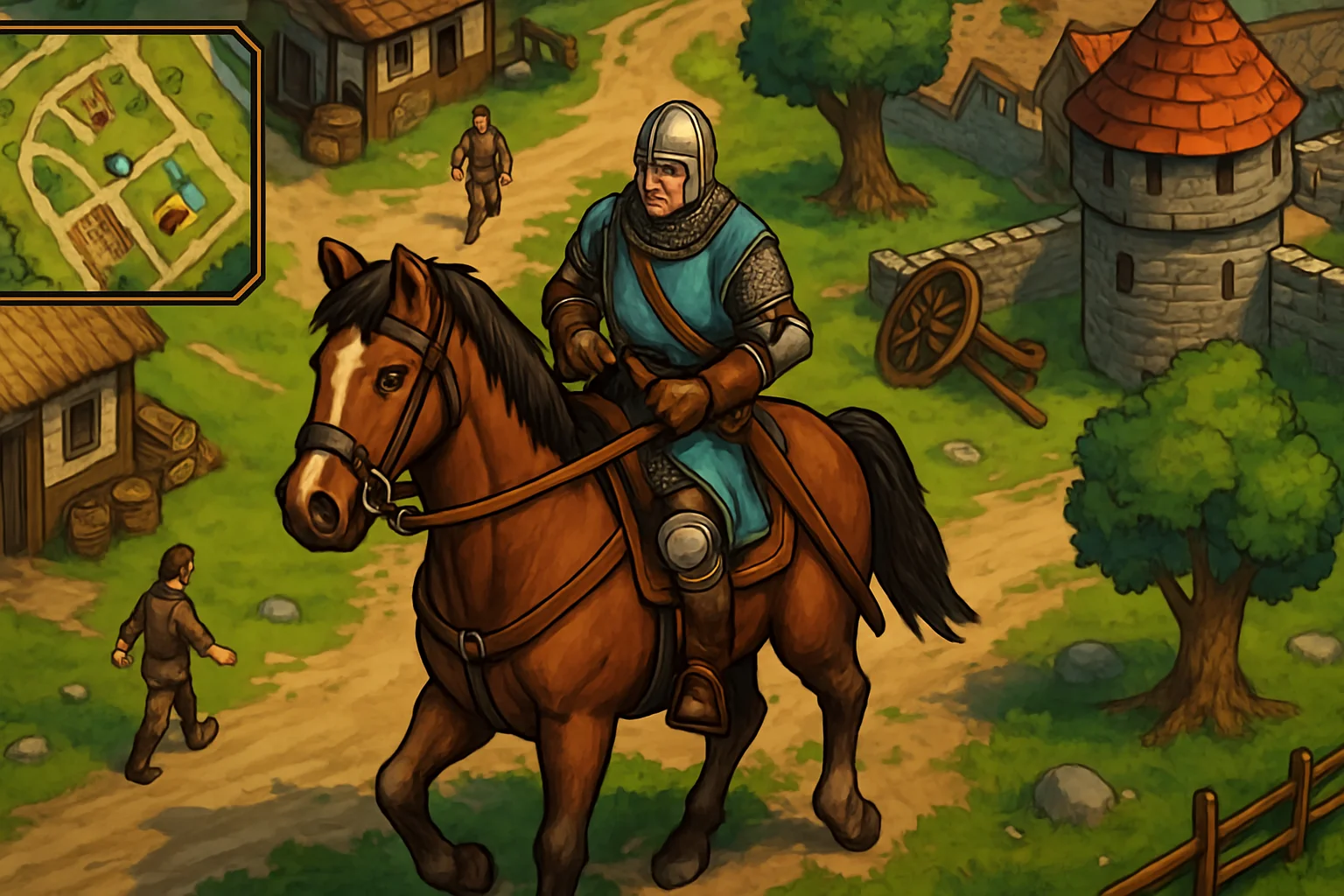 Скриншот из игры Rustler, показывающий средневекового рыцаря на лошади, напоминающий Grand Theft Auto в историческом сеттинге.