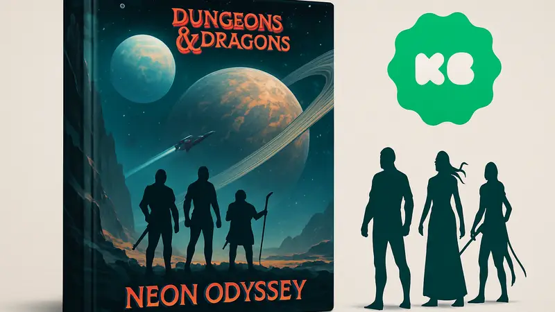 Обложка книги D&D Neon Odyssey, космический пейзаж, кампания Kickstarter