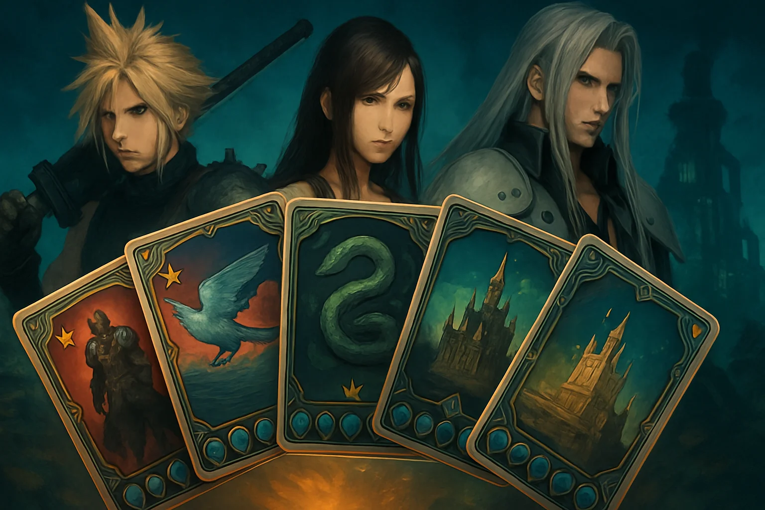Игровые карты Queen's Blood на фоне персонажей Final Fantasy VII Remake, предвещающие новые механики