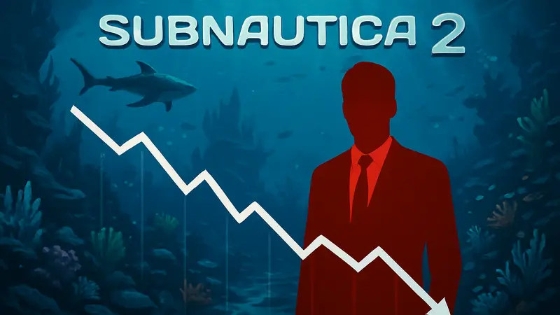 Финансовый график с падением прибыли Krafton на фоне логотипа Subnautica 2 и подводного мира.