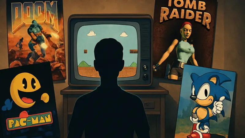 Обложки культовых игр 90-х годов, вызывающие ностальгию у геймеров, на фоне ретро-телевизора.