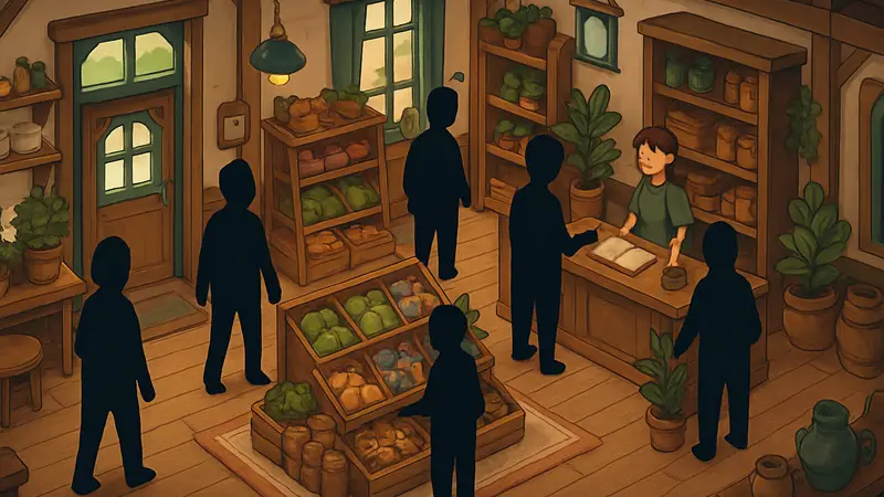 Игровой скриншот Tiny Shop: Make It Cozy, уютный интерьер магазина с товарами и клиентами