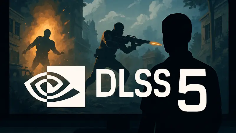 Логотип Nvidia DLSS 5 на фоне экрана с кадрами из трейлера технологии.