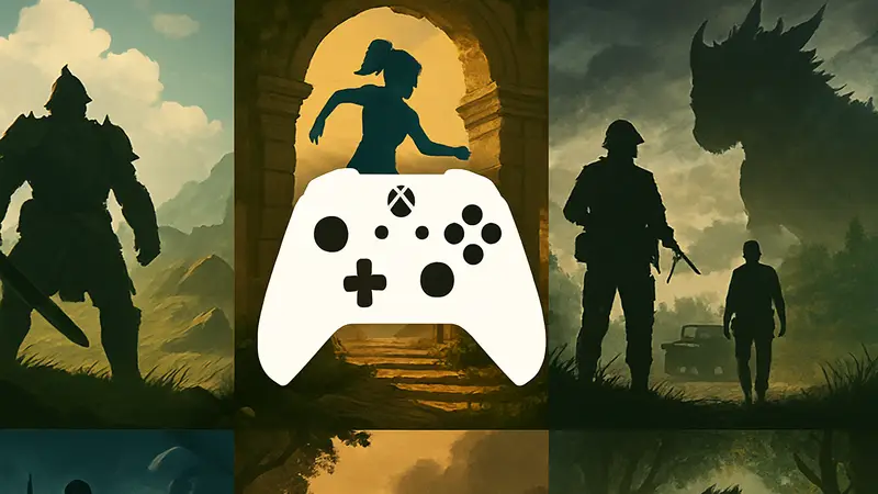 Логотип Xbox Free Play Days с контроллером и изображением нескольких игр, доступных бесплатно.