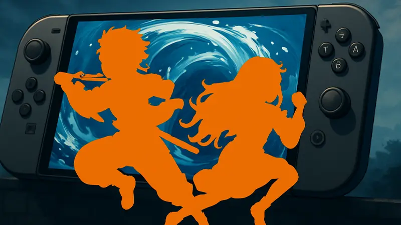 Танджиро и Нэзуко из Demon Slayer: Hinokami Chronicles в динамичной позе на фоне консоли Nintendo Switch 2.