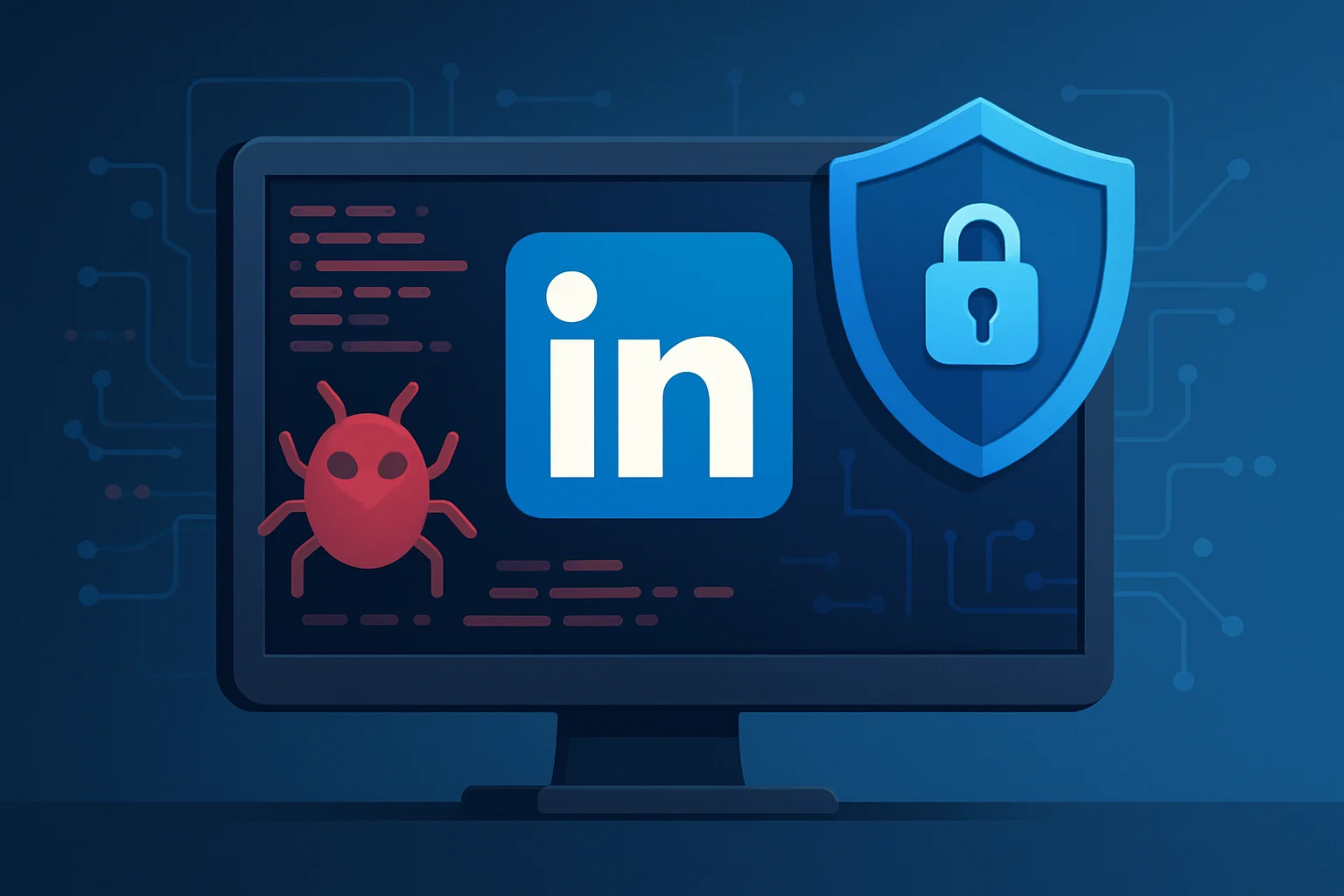 Логотип LinkedIn на экране компьютера, рядом вирусный код и значок кибербезопасности. Ключевые слова: LinkedIn, хакеры, вредоносное ПО.