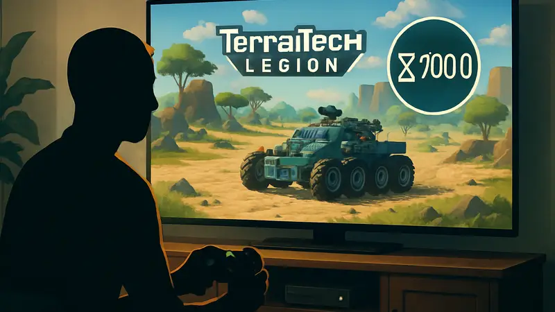 Игрок на Xbox смотрит на экран с игрой TerraTech Legion и достижением на 7000 часов
