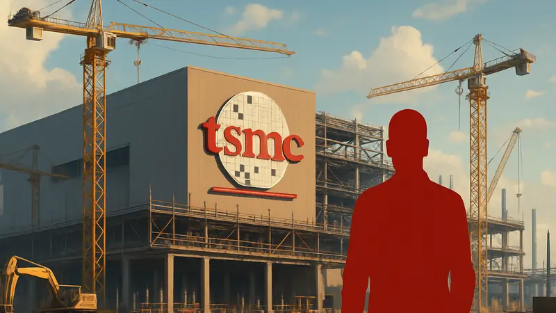 Изображение логотипа TSMC на фоне строящегося завода, символизирующего расширение производства чипов.