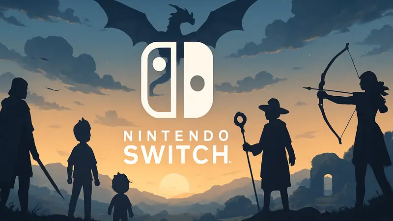 Логотип Nintendo Switch на фоне силуэтов разнообразных игр, анонсирующих новинки 2026 года.