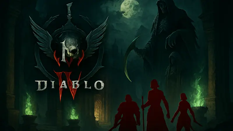 Логотип Diablo 4 с символикой 14 сезона «Пробуждение Смерти» и изображением нового контента.